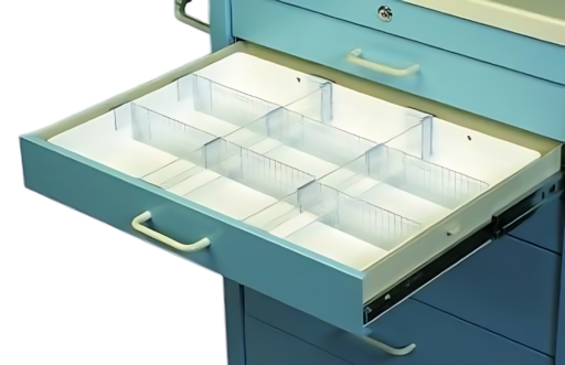 Medical Cart Accessory 3in Full Drawer Tray w/ 2 Rails & 6 Dividers